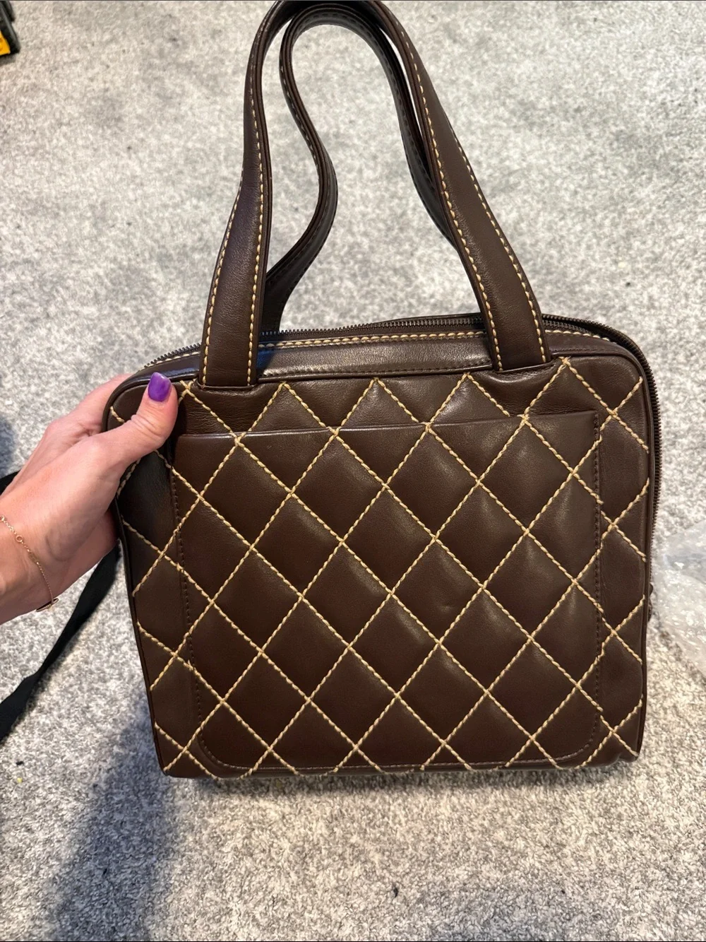 CHANEL Brown Quilted Leather Satchel with Contrast Stitching